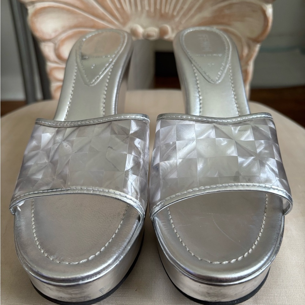 Fendi Silver Iridescent Slide Mules